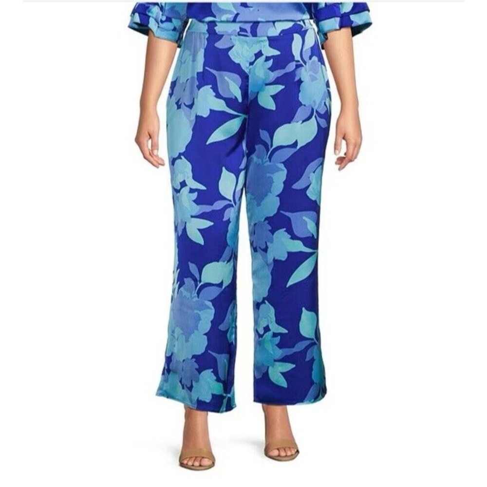 NWT Sugarlips Curve Wide Leg Artsy Blue Satin Floral Print Pull On Pants Size 2X